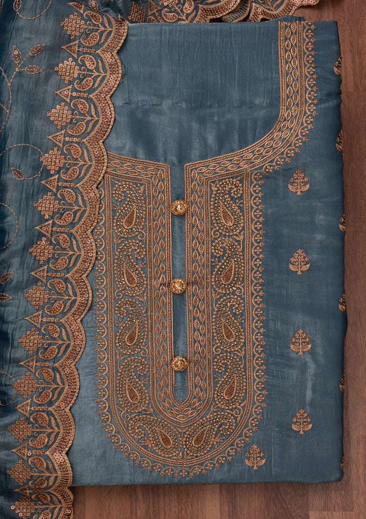 Grey Threadwork Raw Silk Unstitched Salwar Suit