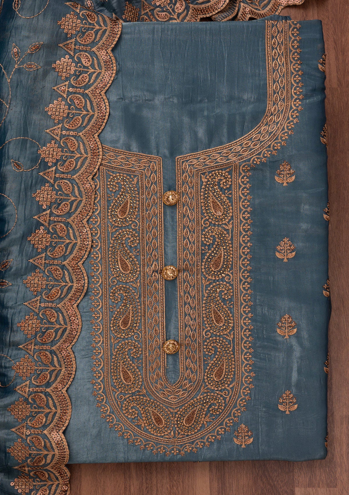 Grey Threadwork Raw Silk Unstitched Salwar Suit