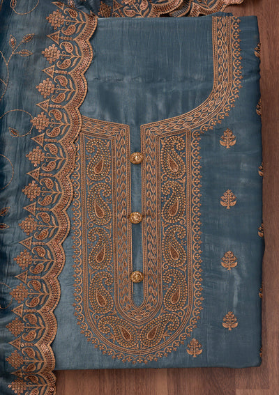 Grey Threadwork Raw Silk Unstitched Salwar Suit