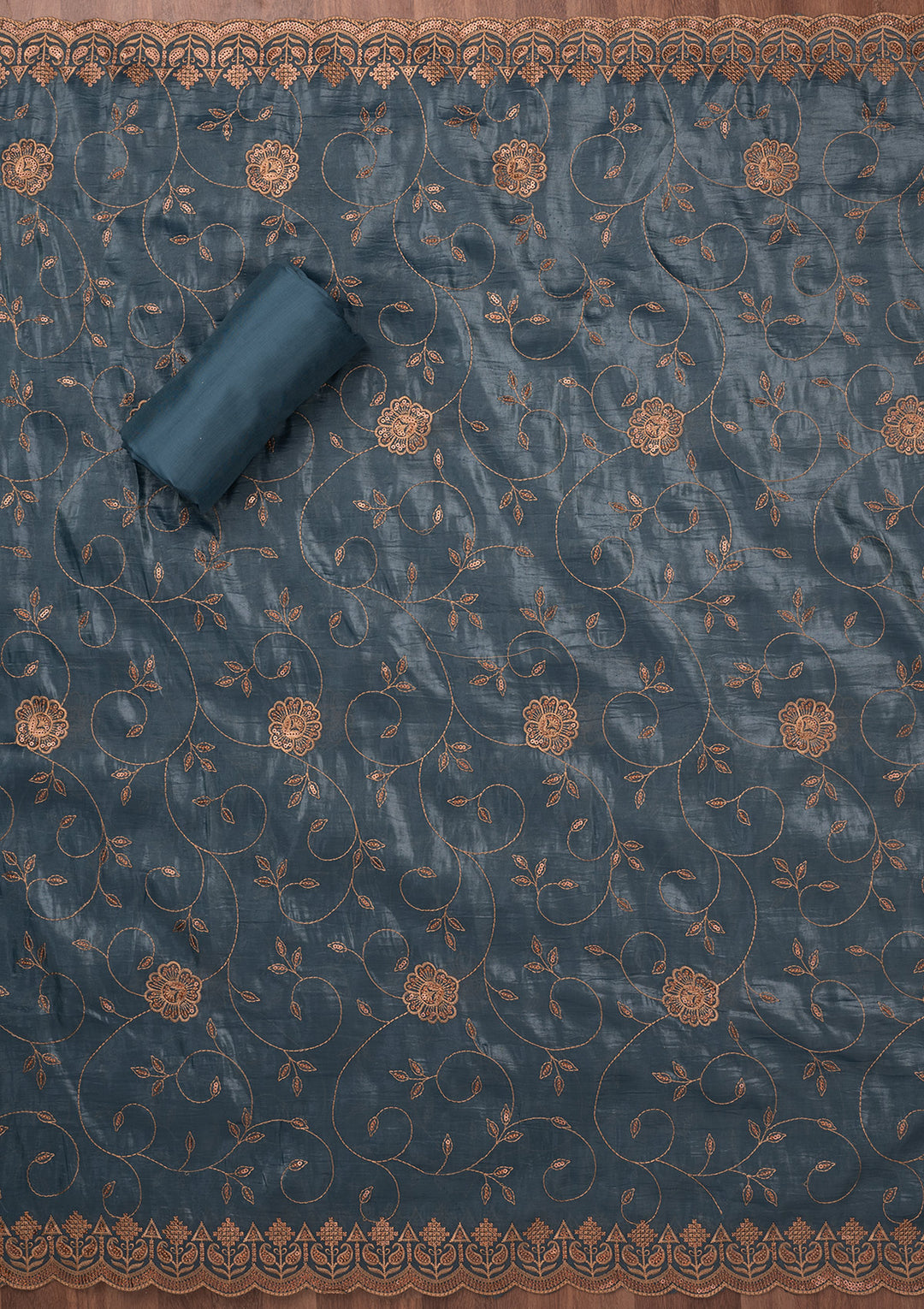 Grey Threadwork Raw Silk Unstitched Salwar Suit