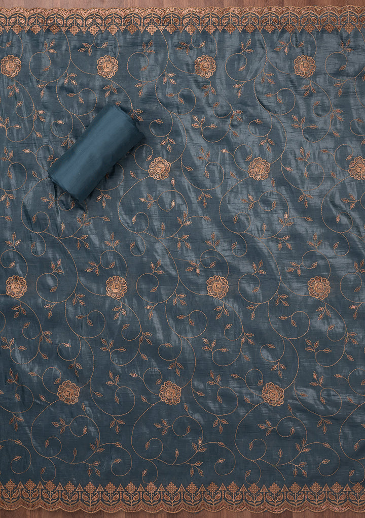 Grey Threadwork Raw Silk Unstitched Salwar Suit