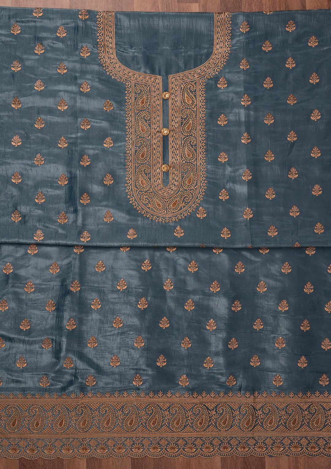 Grey Threadwork Raw Silk Unstitched Salwar Suit