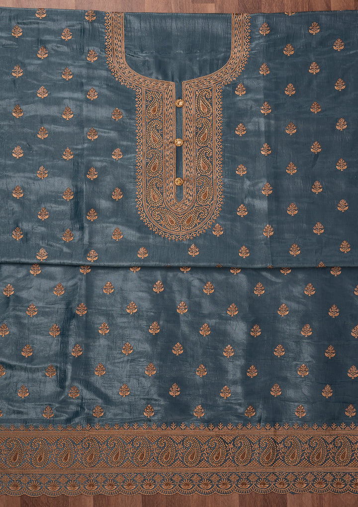 Grey Threadwork Raw Silk Unstitched Salwar Suit