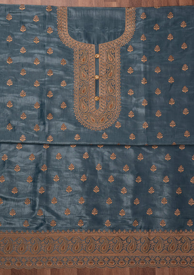 Grey Threadwork Raw Silk Unstitched Salwar Suit