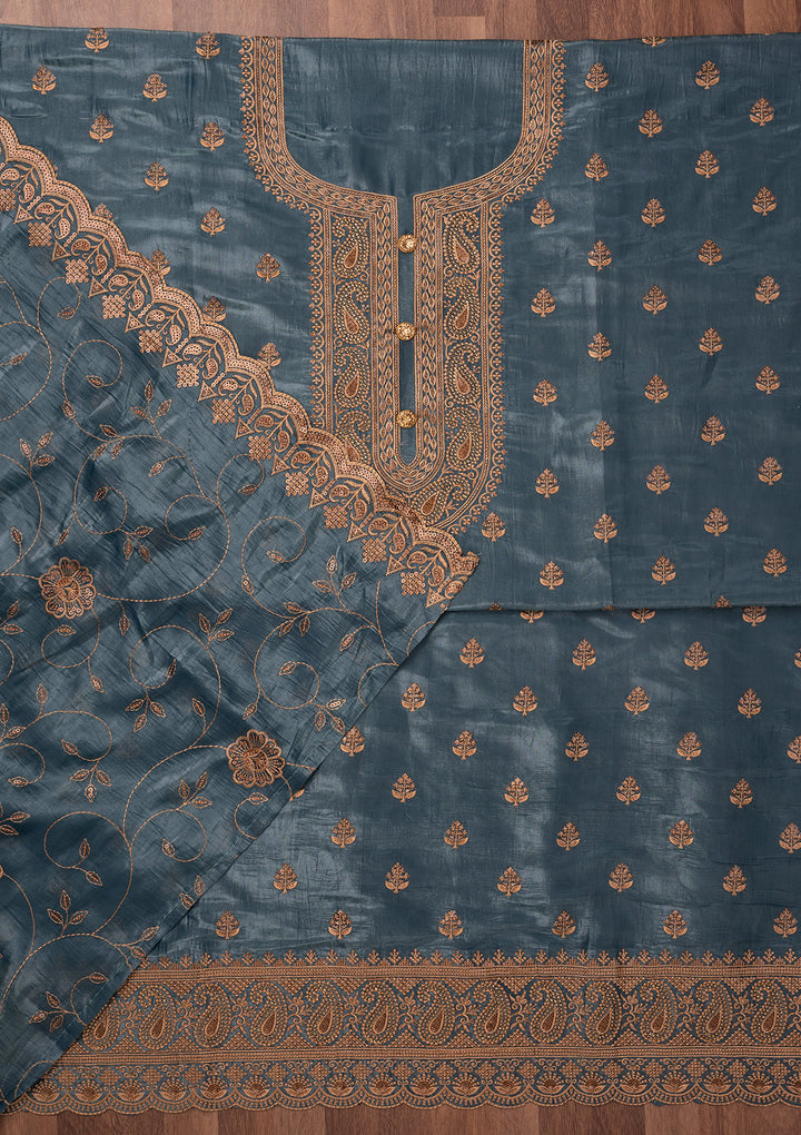 Grey Threadwork Raw Silk Unstitched Salwar Suit