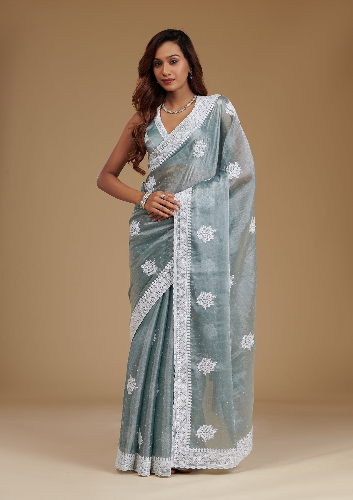 Grey Threadwork Satin Saree-Koskii