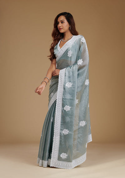 Grey Threadwork Satin Saree-Koskii