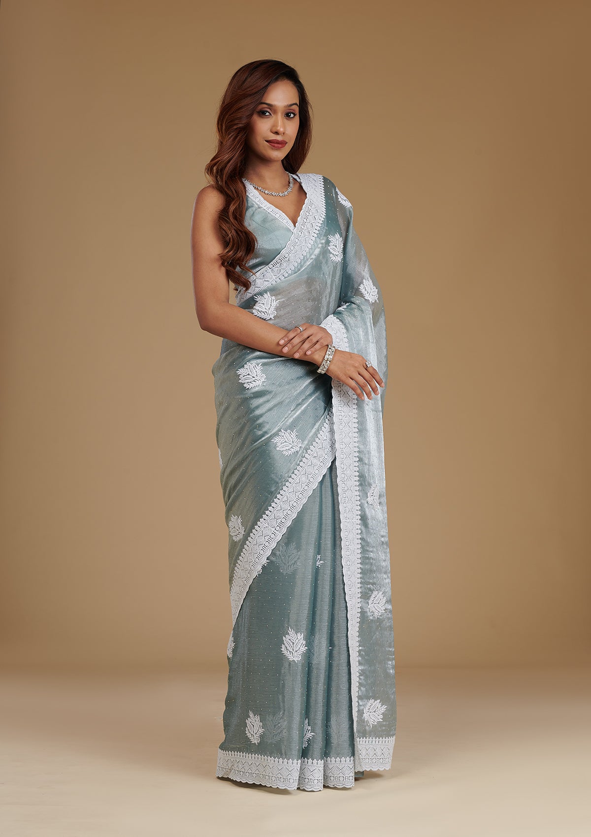 Grey Threadwork Satin Saree-Koskii