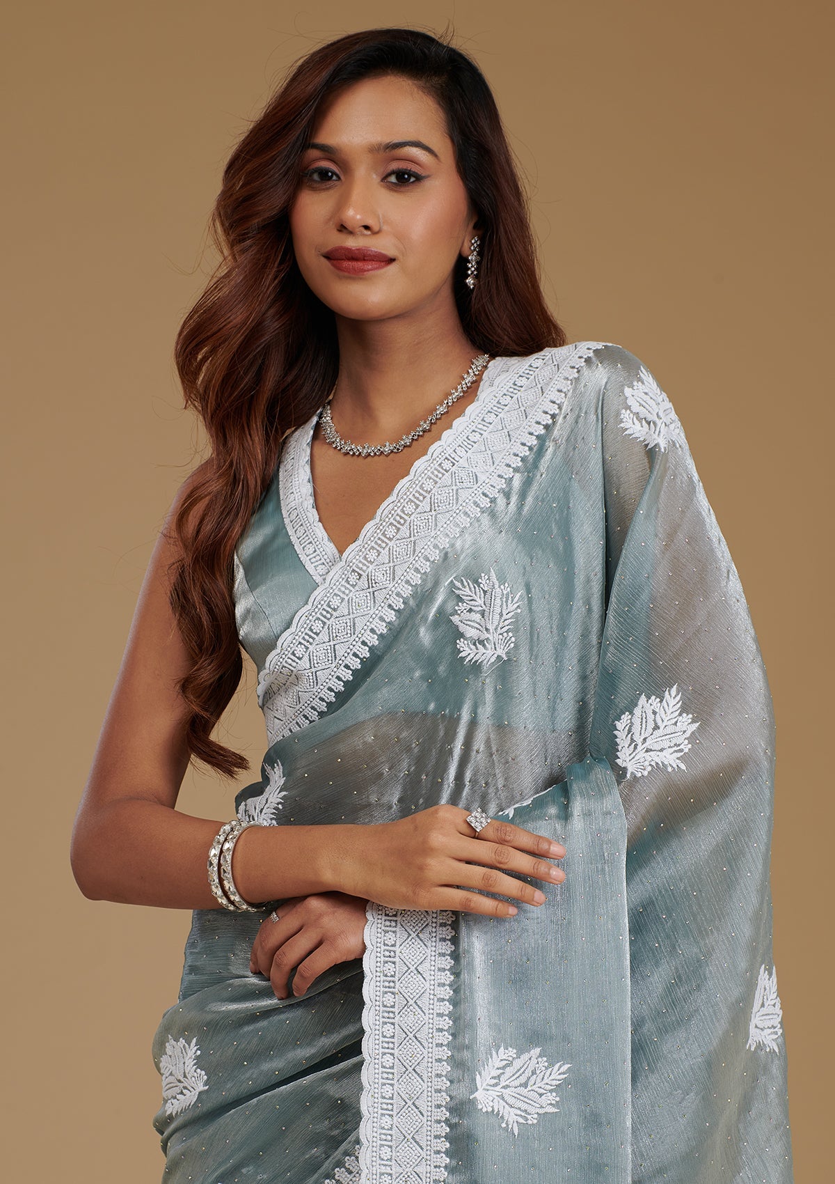 Grey Threadwork Satin Saree-Koskii