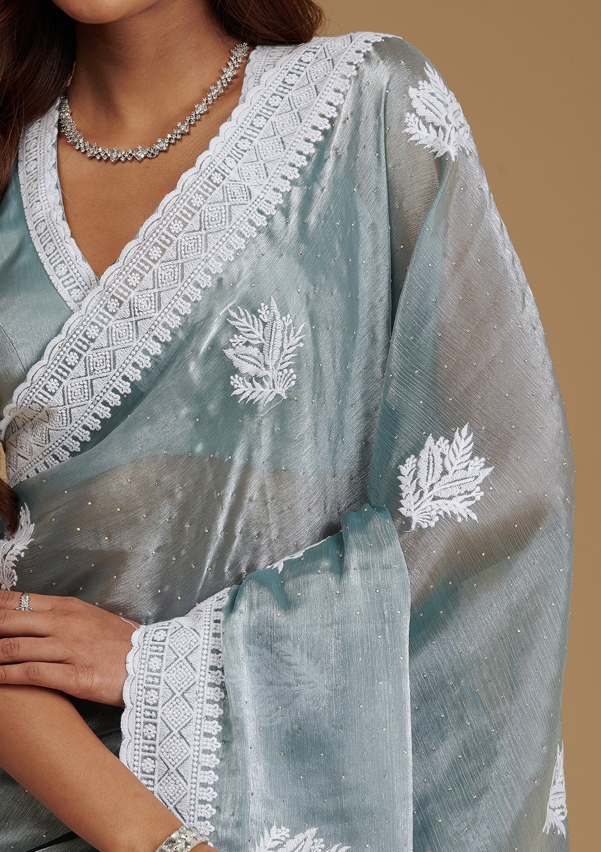 Grey Threadwork Satin Saree-Koskii