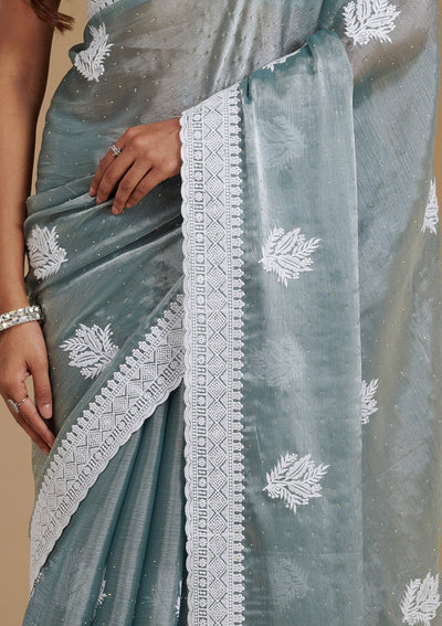 Grey Threadwork Satin Saree-Koskii