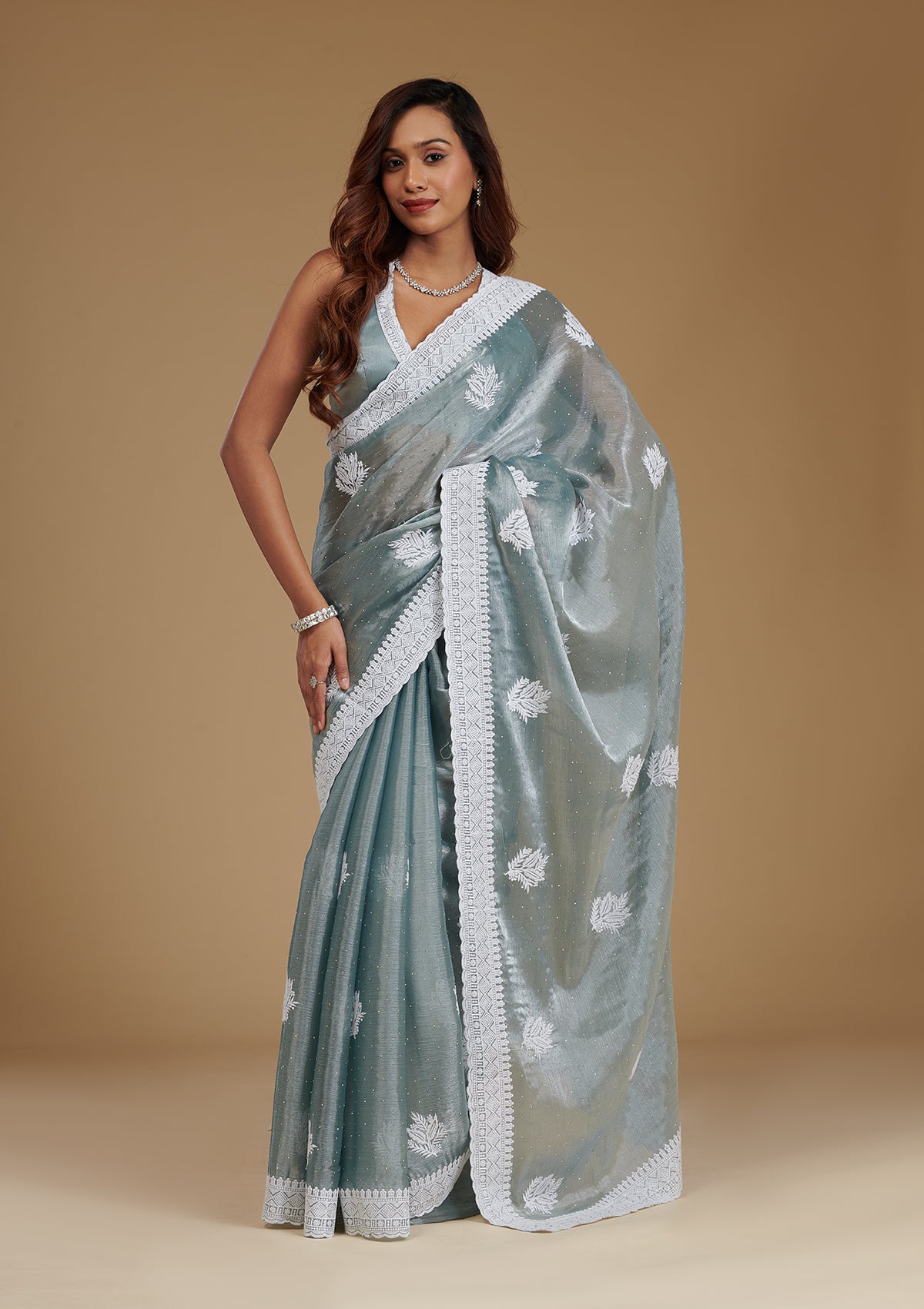 Grey Threadwork Satin Saree-Koskii