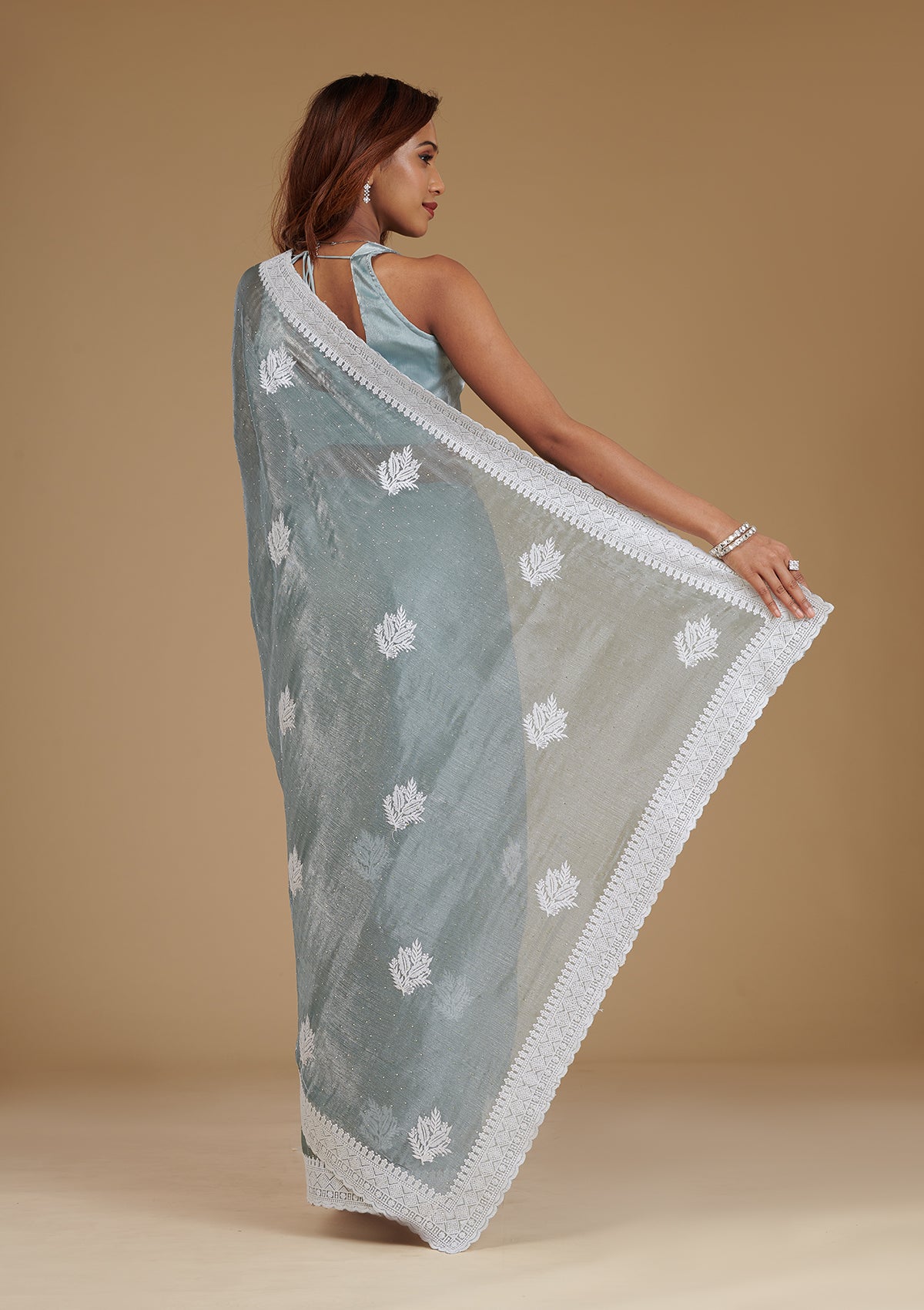 Grey Threadwork Satin Saree-Koskii