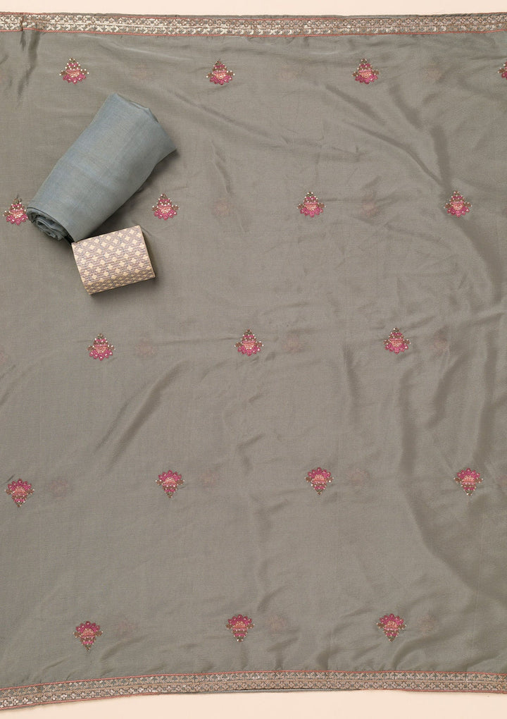 Grey Threadwork Semi Crepe Unstitched Salwar Suit-Koskii