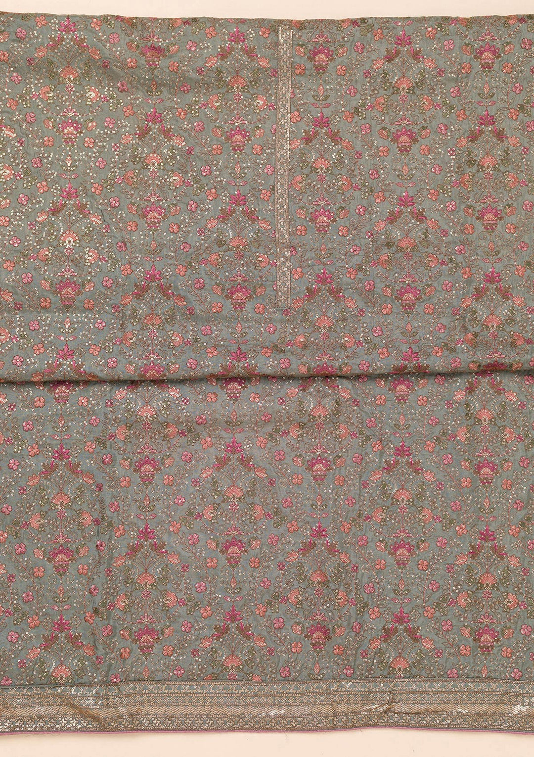 Grey Threadwork Semi Crepe Unstitched Salwar Suit-Koskii