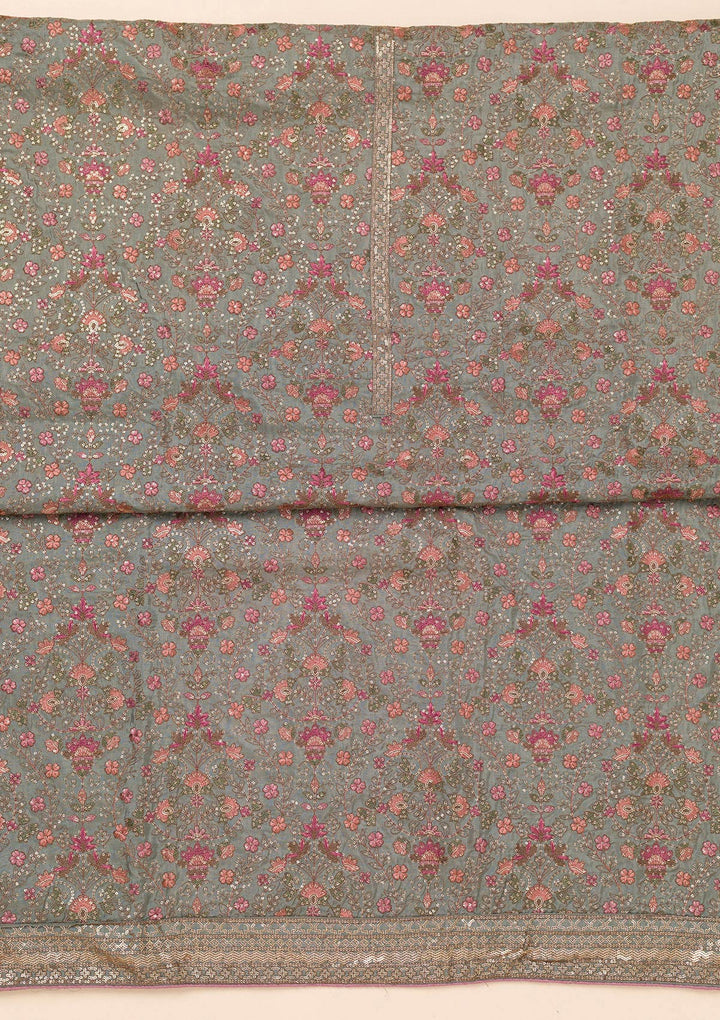 Grey Threadwork Semi Crepe Unstitched Salwar Suit-Koskii