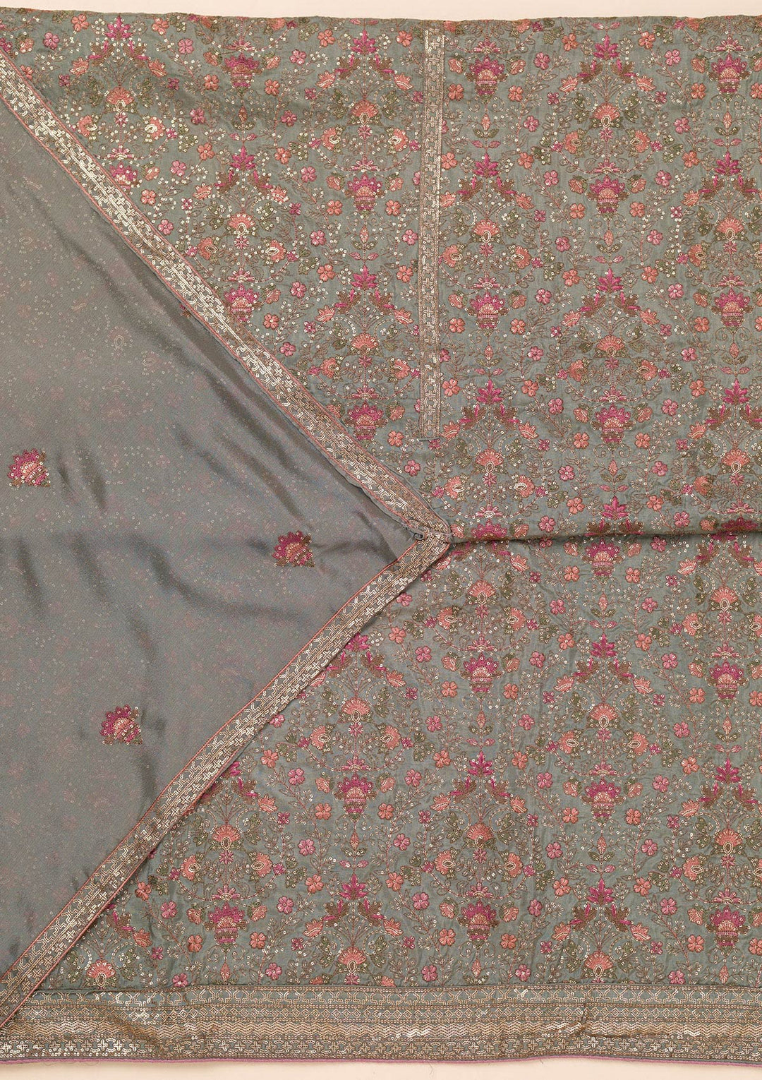 Grey Threadwork Semi Crepe Unstitched Salwar Suit-Koskii