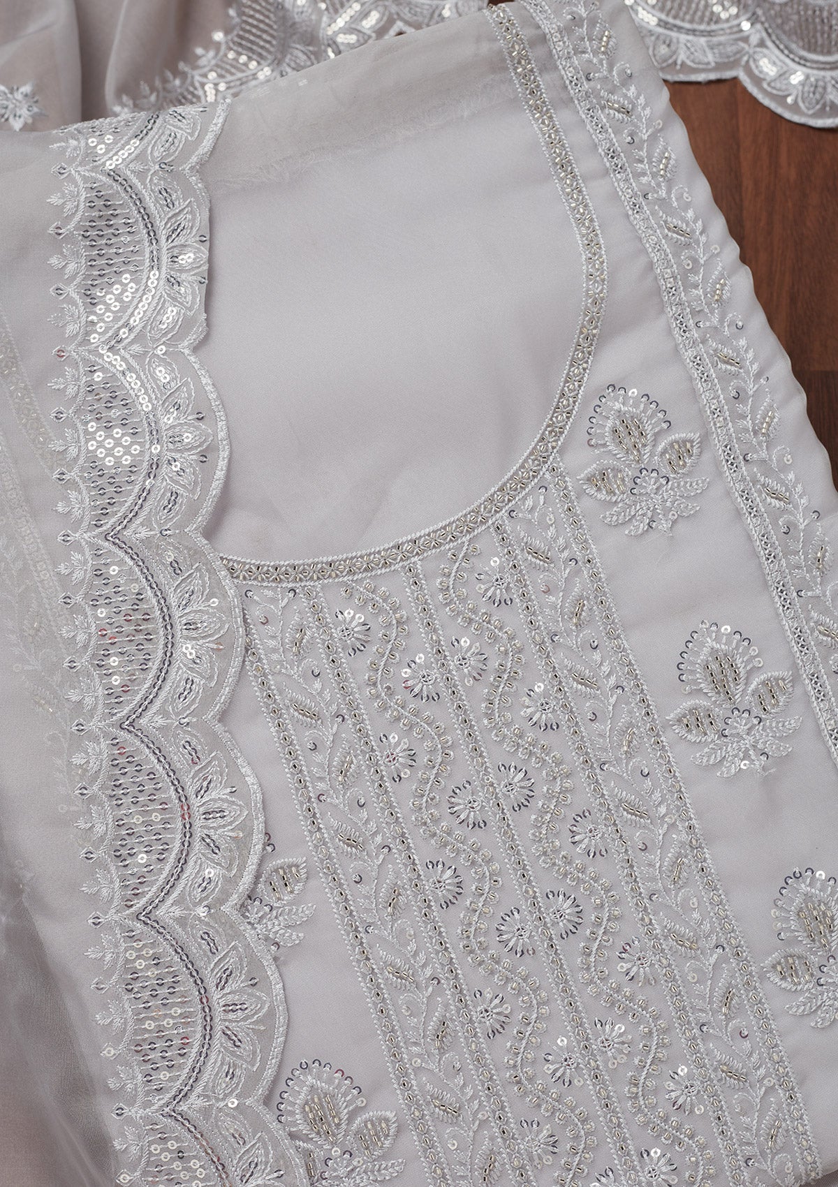 Grey Threadwork Semi Crepe Unstitched Salwar Suit-Koskii