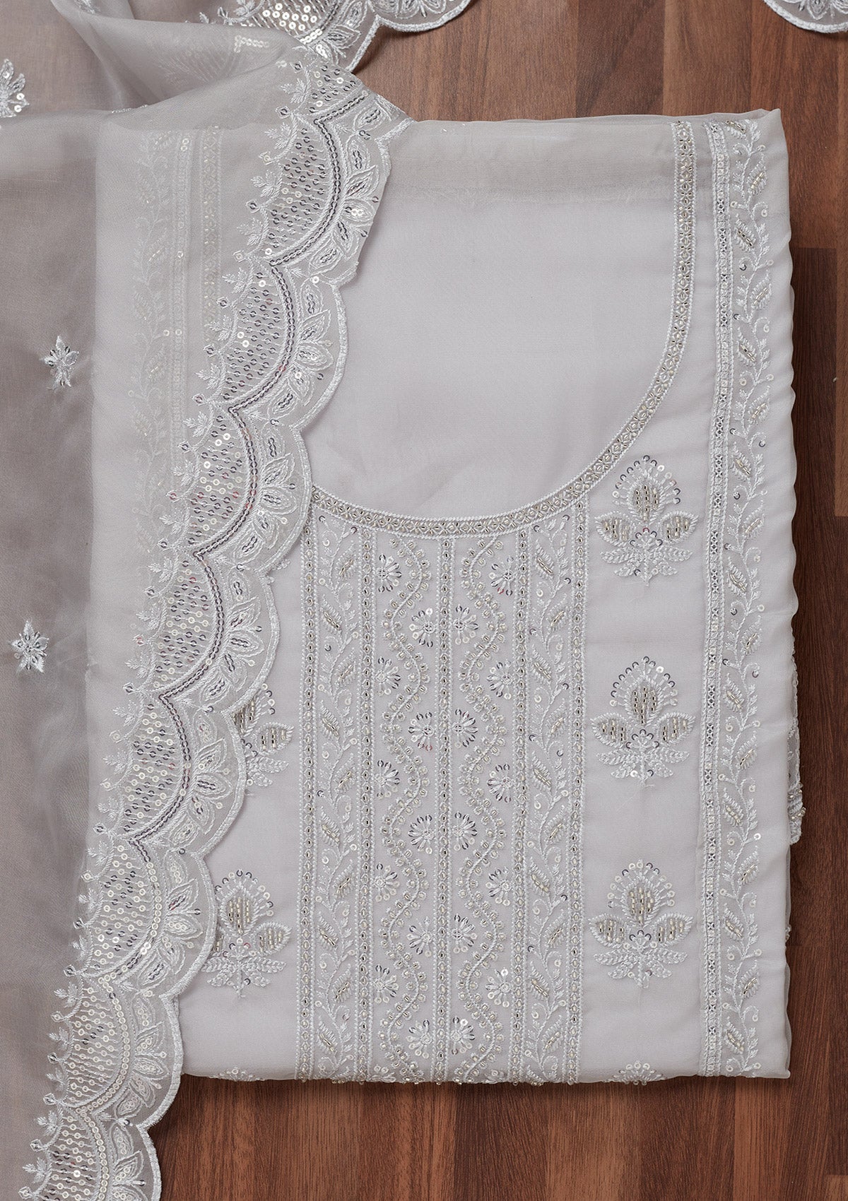 Grey Threadwork Semi Crepe Unstitched Salwar Suit-Koskii