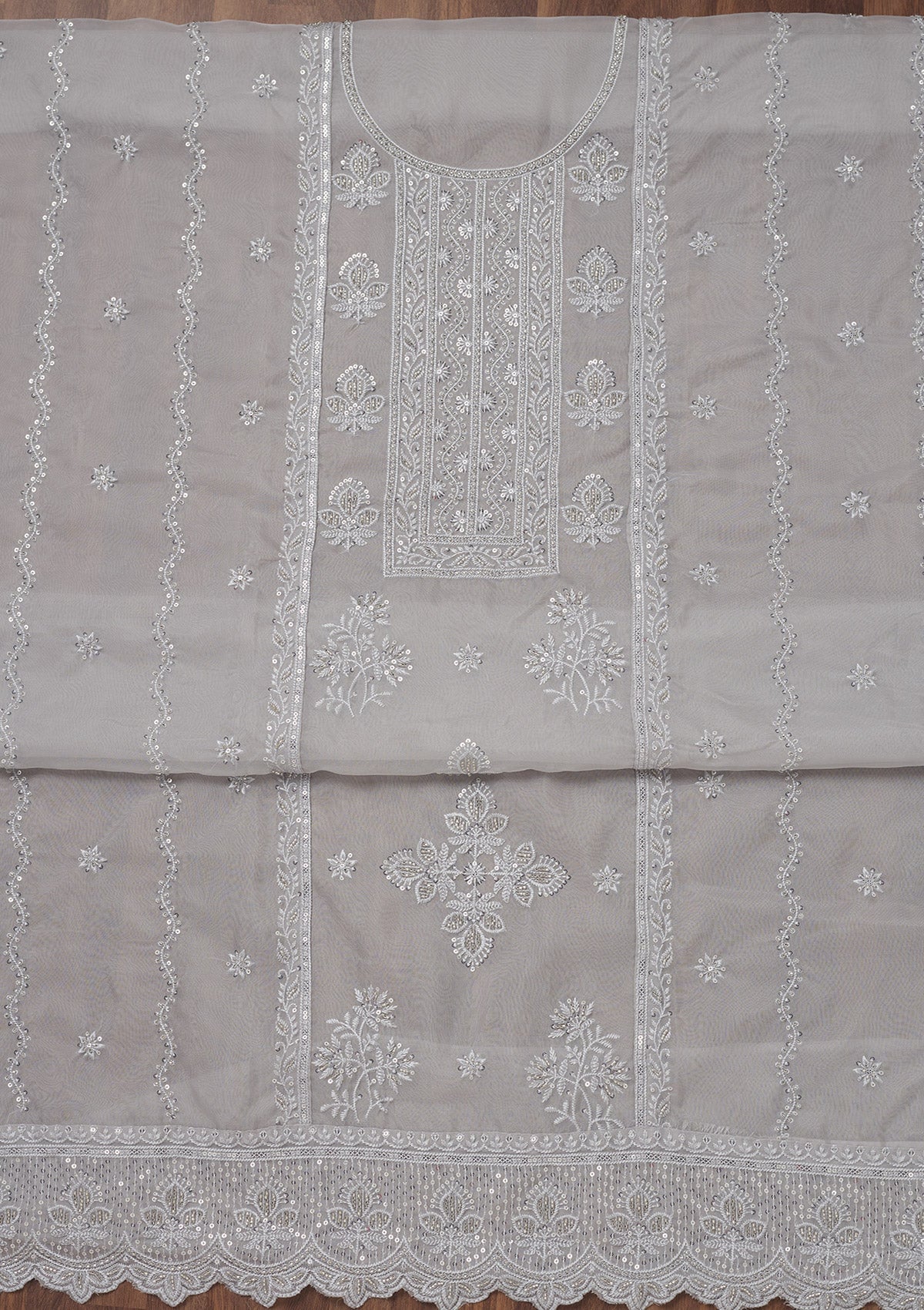 Grey Threadwork Semi Crepe Unstitched Salwar Suit-Koskii