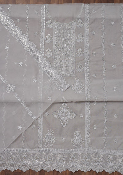 Grey Threadwork Semi Crepe Unstitched Salwar Suit-Koskii