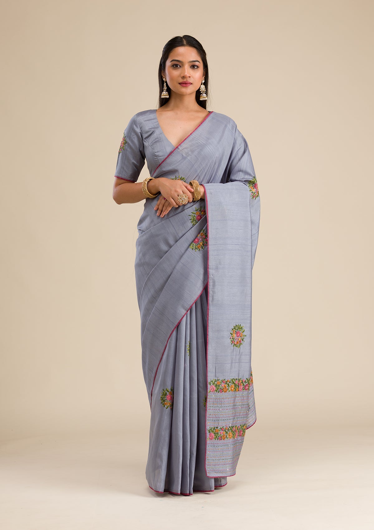 Grey Threadwork Silk Saree-Koskii