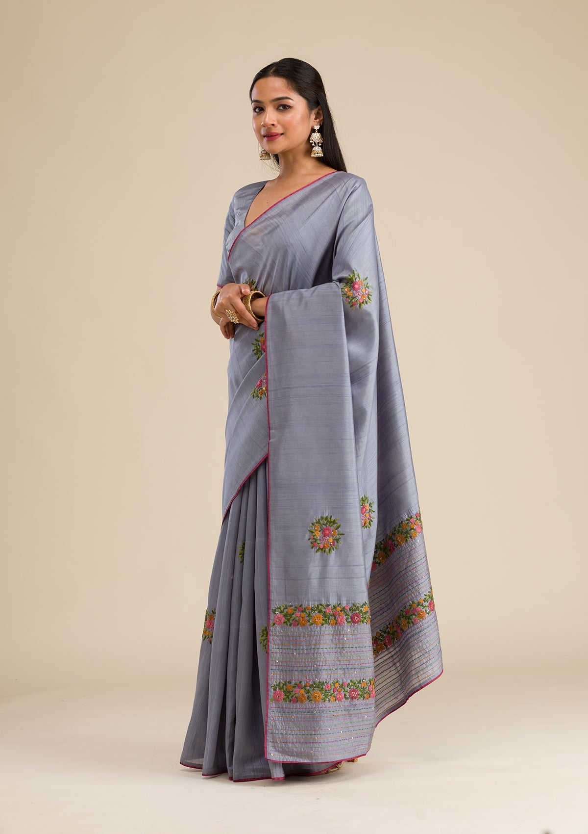 Grey Threadwork Silk Saree-Koskii