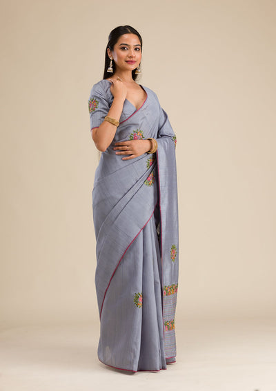 Grey Threadwork Silk Saree-Koskii