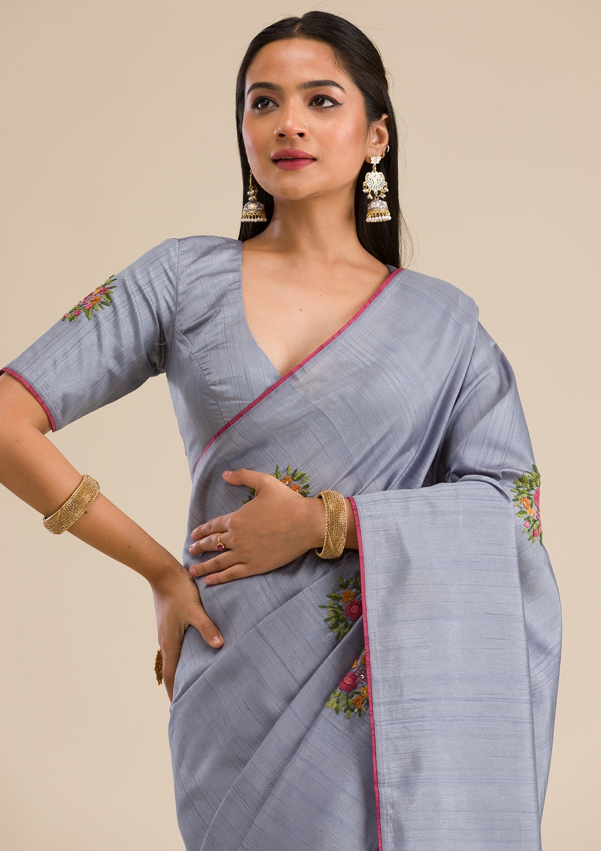 Grey Threadwork Silk Saree-Koskii