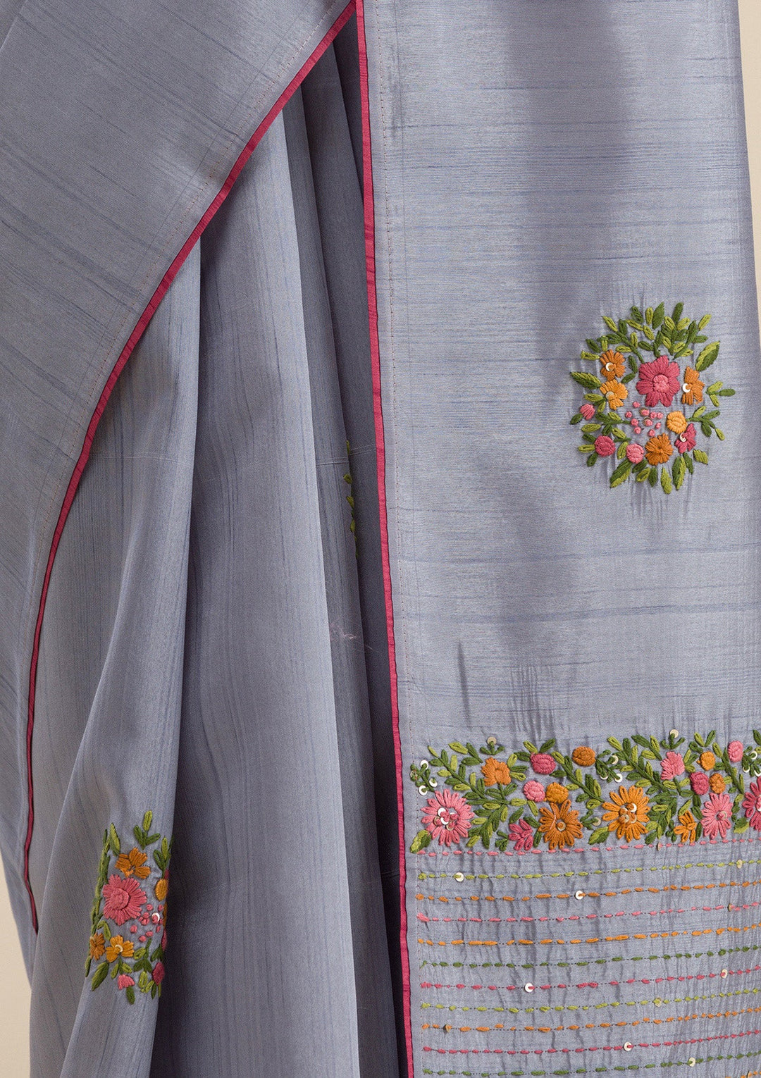 Grey Threadwork Silk Saree-Koskii