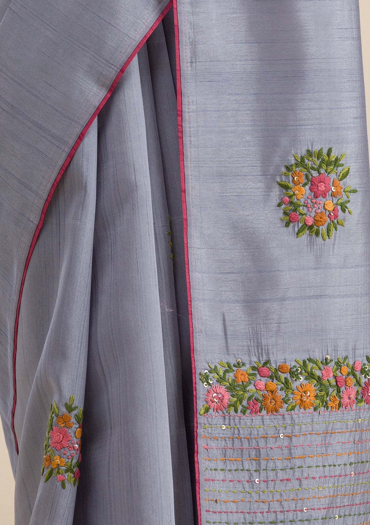 Grey Threadwork Silk Saree-Koskii