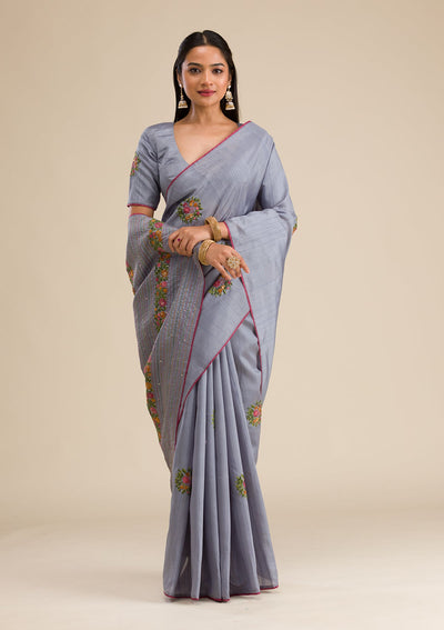 Grey Threadwork Silk Saree-Koskii