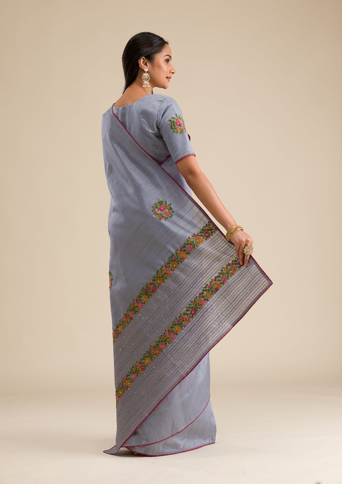 Grey Threadwork Silk Saree-Koskii