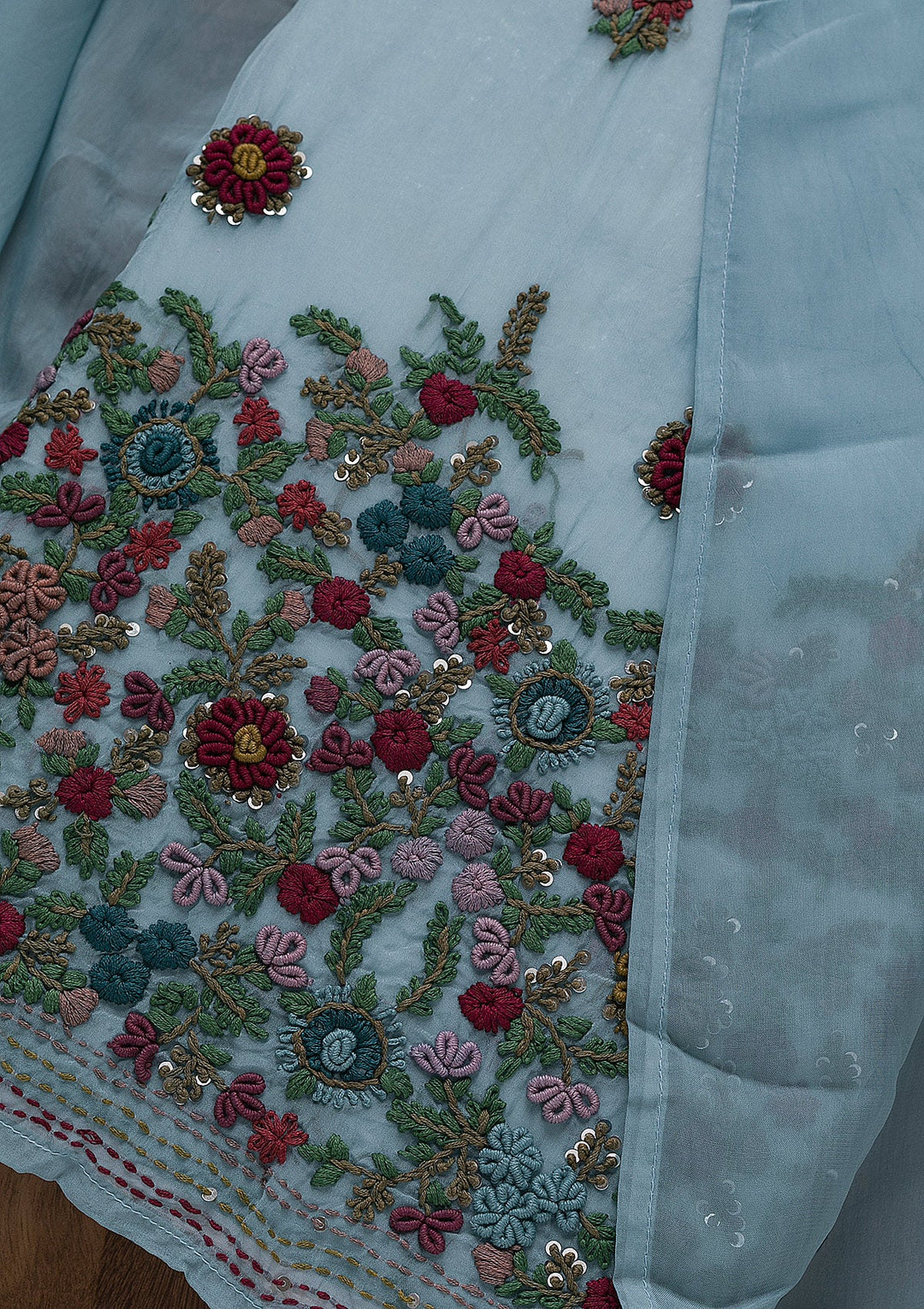 Grey Threadwork Tissue Unstitched Salwar Suit-Koskii
