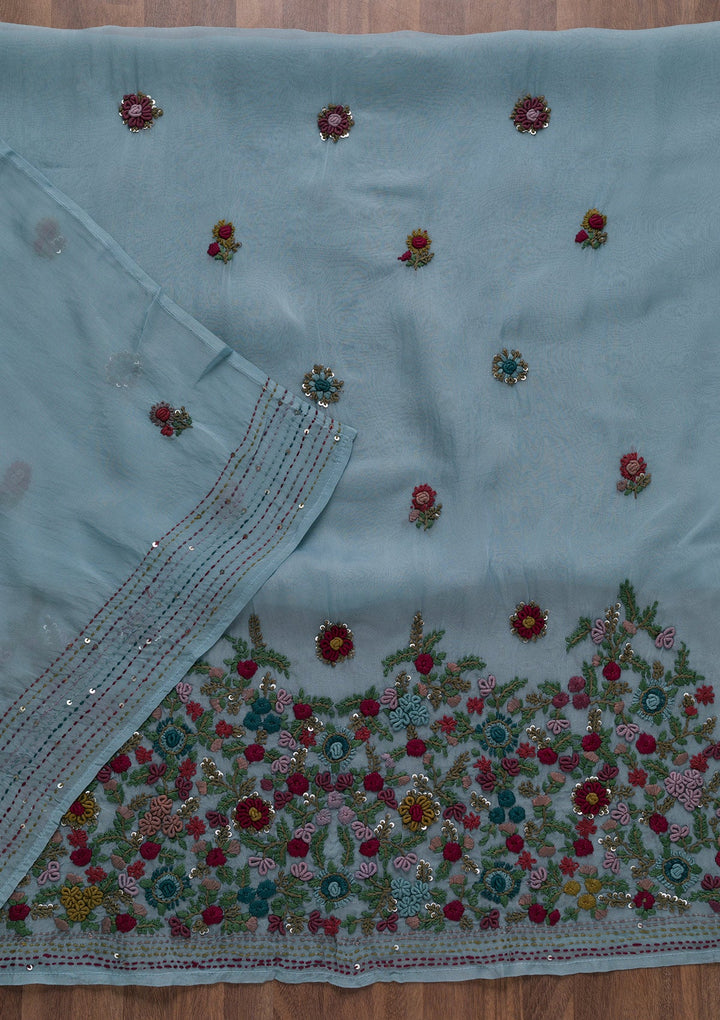 Grey Threadwork Tissue Unstitched Salwar Suit-Koskii