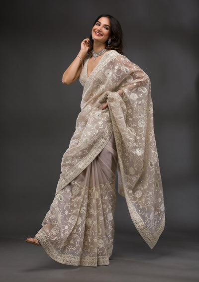 Grey Threadwork Tissue Saree-Koskii