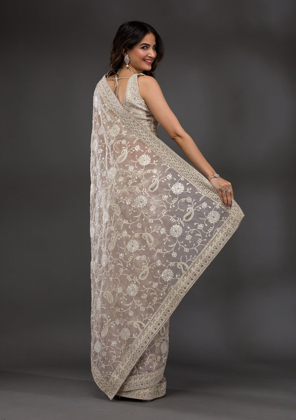Grey Threadwork Tissue Saree-Koskii