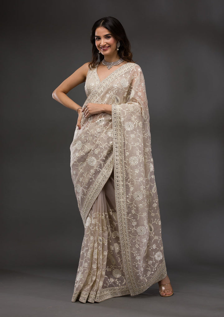 Grey Threadwork Tissue Saree-Koskii