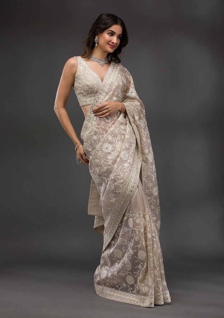 Grey Threadwork Tissue Saree-Koskii