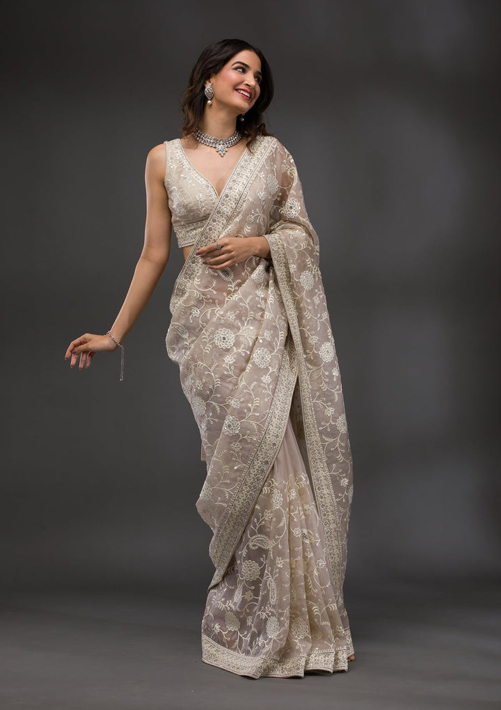 Grey Threadwork Tissue Saree-Koskii
