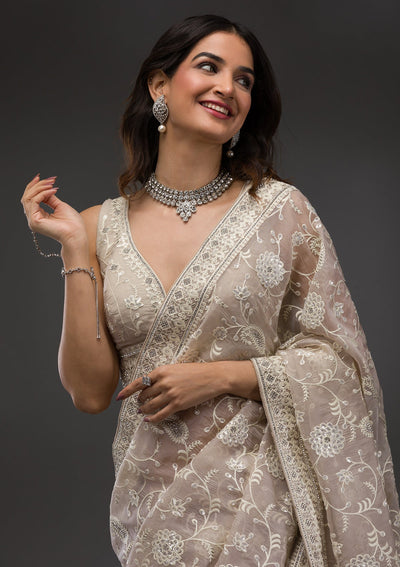 Grey Threadwork Tissue Saree-Koskii