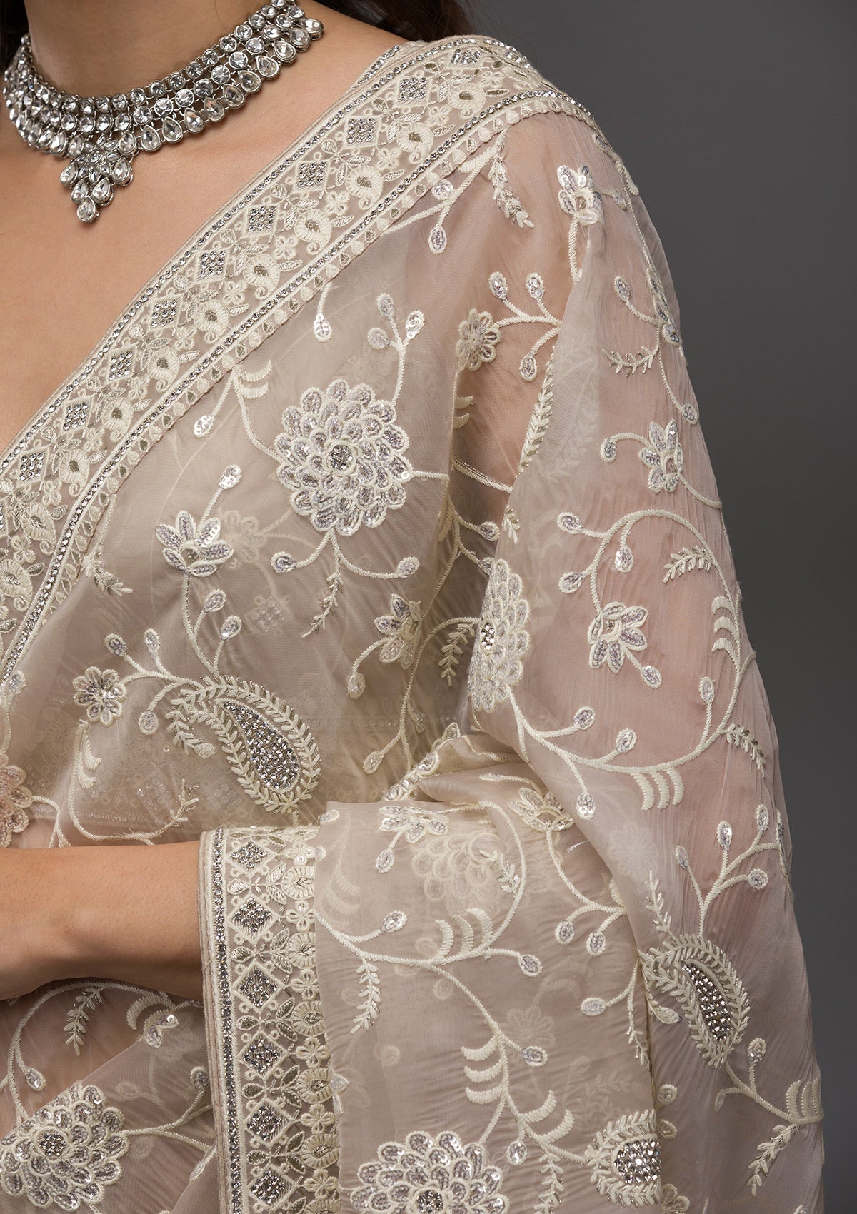 Grey Threadwork Tissue Saree-Koskii