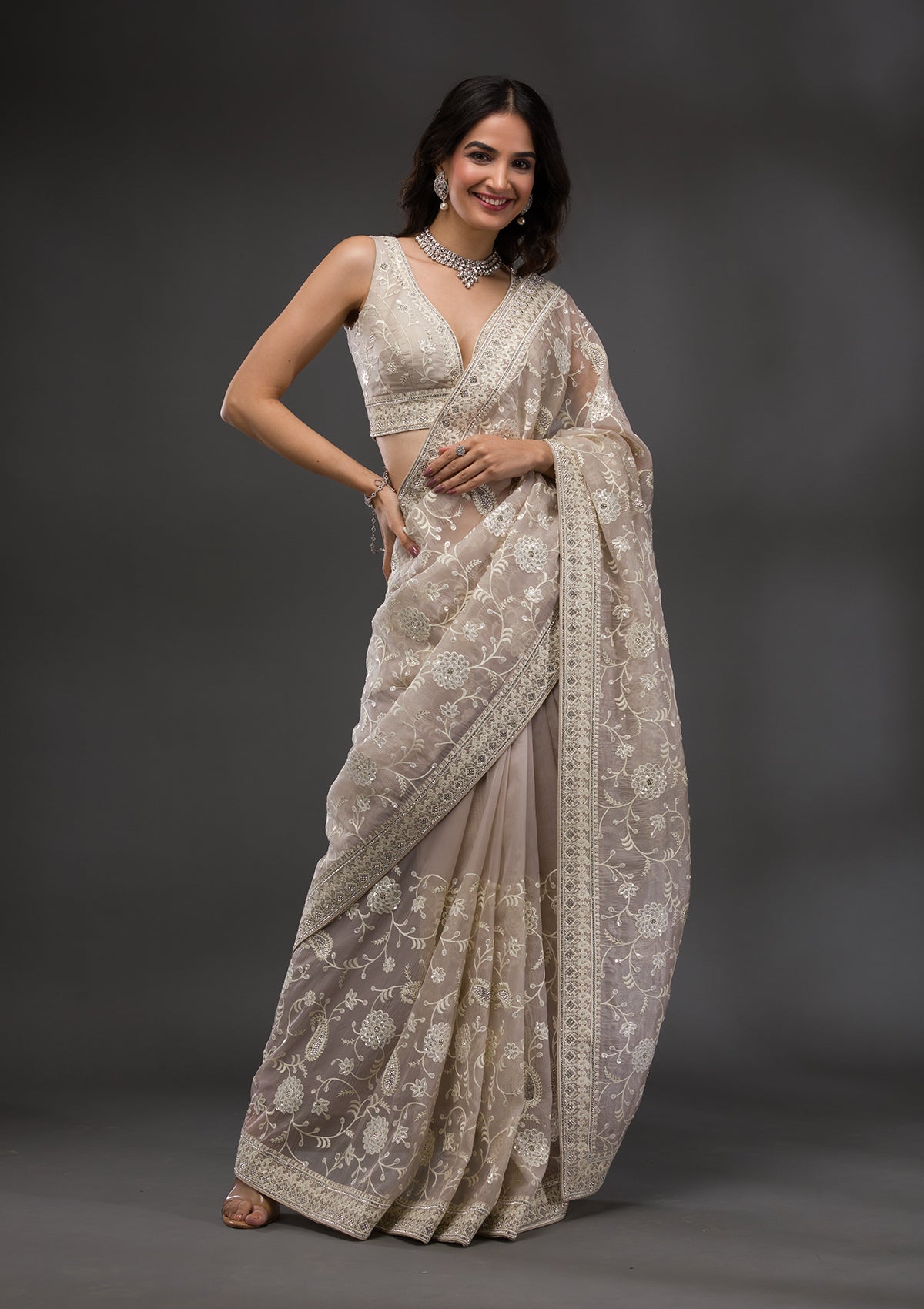 Grey Threadwork Tissue Saree-Koskii