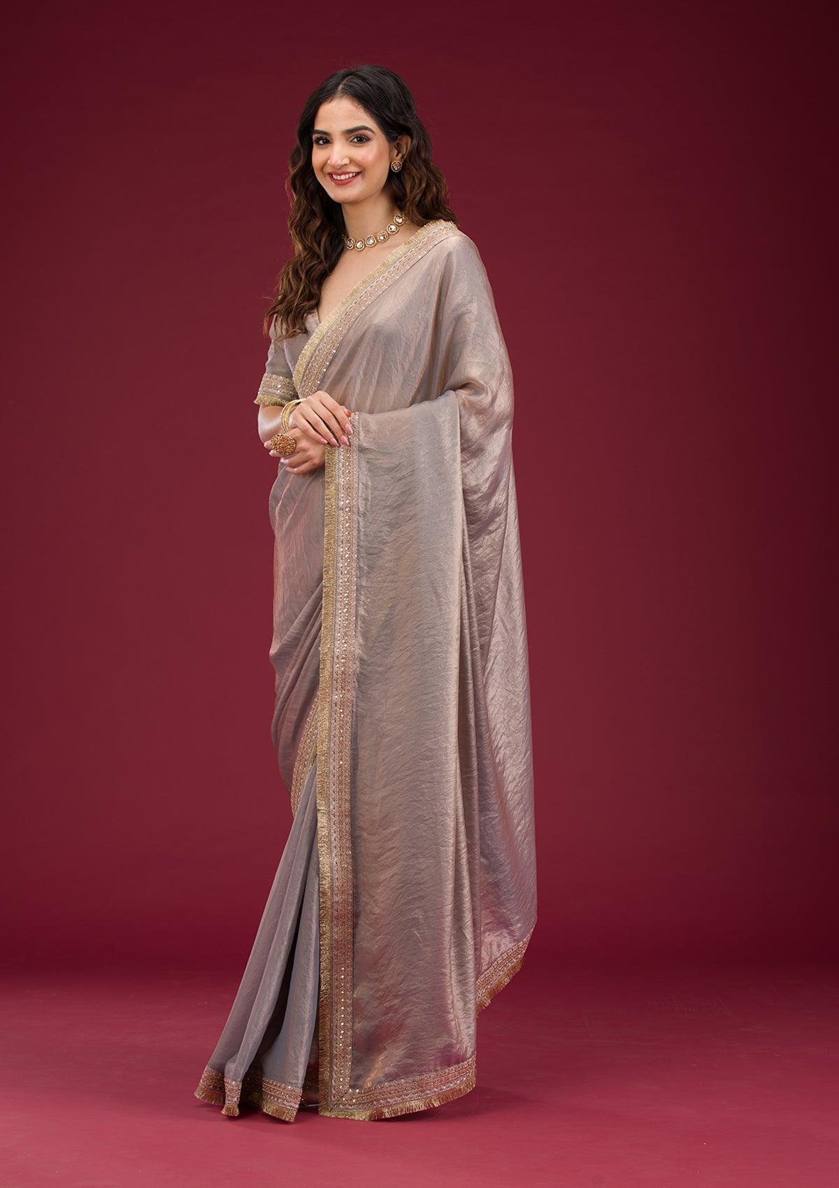 Grey Threadwork Tissue Saree