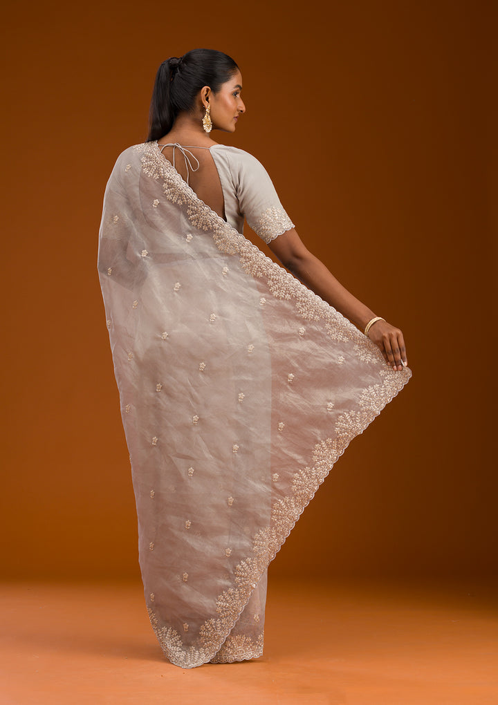 Grey Threadwork Tissue Saree