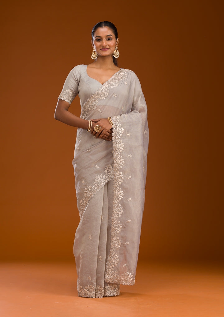 Grey Threadwork Tissue Saree