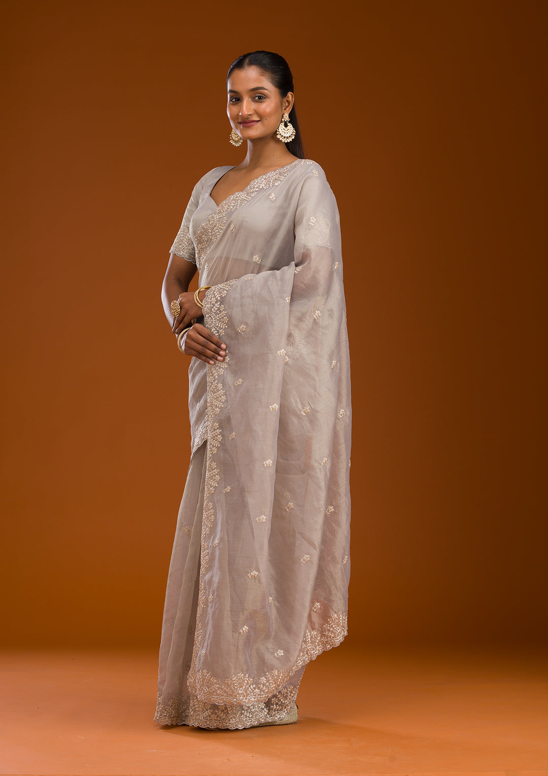 Grey Threadwork Tissue Saree