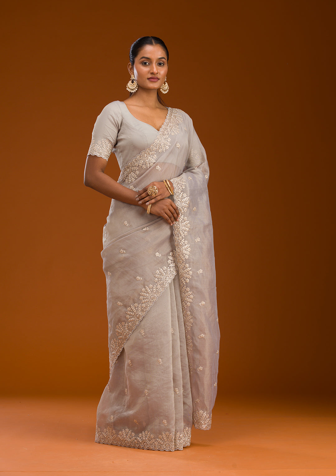 Grey Threadwork Tissue Saree