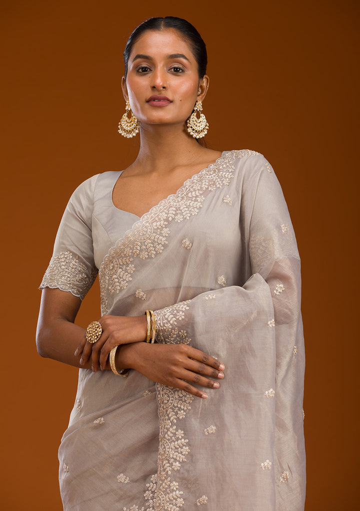 Grey Threadwork Tissue Saree