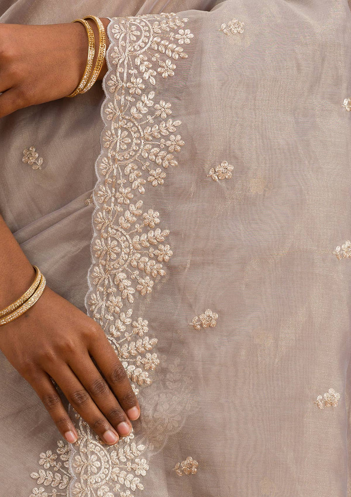 Grey Threadwork Tissue Saree